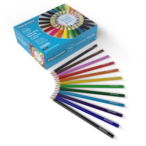 Pre-sharpened and ready-to-use straight out of the box, these Classmaster colouring pencils are ideal for artists of all ages.Each pencil is made from reliable quality wood in a polished, hexagonal barrel, so there's no need to worry about breakages or pencils rolling under desks out of reach. The 3mm diameter lead is softer for excellent colour laydown; ideal for younger artists and for colouring in.  Pack contains 144 colouring pencils in 12 assorted colours, in a handy dispenser box.