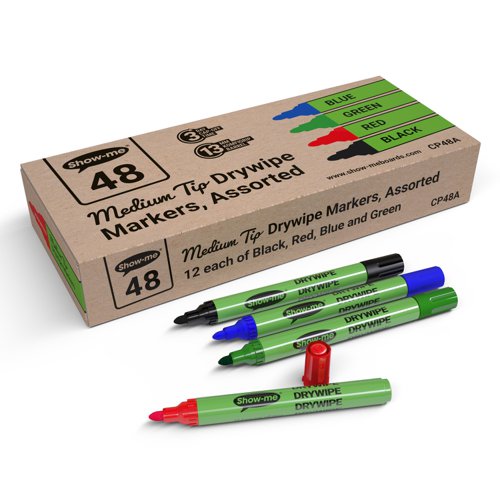 Show-me Box 48 Medium Tip Slim Barrel Drywipe Markers - Assorted Colours