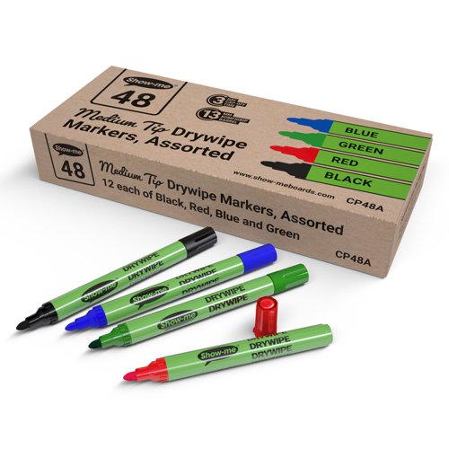 EG60224 | Ideal for classroom use, these Show-me Drywipe Markers feature a slim barrel and an extra hard, anti-splay nib. The markers contain low odour, xylene-free ink, with an air flow cap for safety. These markers also have a cap off time of up to 24 hours. This pack contains 48 assorted medium tip markers. Show-me whiteboard pens are ideal for use on whiteboards of all sizes, but work particularly well on Show-me Boards.