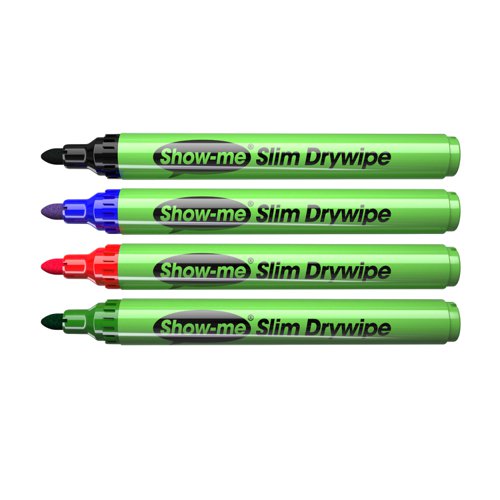 EG60224 | Ideal for classroom use, these Show-me Drywipe Markers feature a slim barrel and an extra hard, anti-splay nib. The markers contain low odour, xylene-free ink, with an air flow cap for safety. These markers also have a cap off time of up to 24 hours. This pack contains 48 assorted medium tip markers. Show-me whiteboard pens are ideal for use on whiteboards of all sizes, but work particularly well on Show-me Boards.