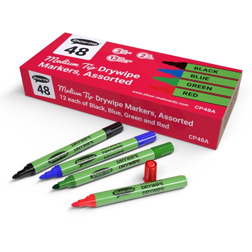 Show-me Drywipe Marker Medium Tip Slim Barrel Assorted Colours (Pack 48) - CP48A