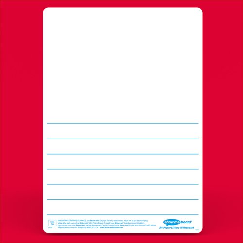 Support communication skills, back up writing with drawing, make links between events and more with these picture story Show-me boards. Ideal for quick and easy visual assessment, each board features a blank space for an illustration with ruled lines underneath for a short story on one side, with a plain reverse. Show-me boards are made from Polypropylene, making them 100% recyclable. Simply pop into your usual recycling bin or take part in the free Show-me send-back recycling scheme. Made sustainably in the UK with low-energy technology. Class pack contains 35 each of boards and erasers, 40 markers,  a free bottle of Show-me Magix, and a whiteboard care and maintenance guide/ poster.