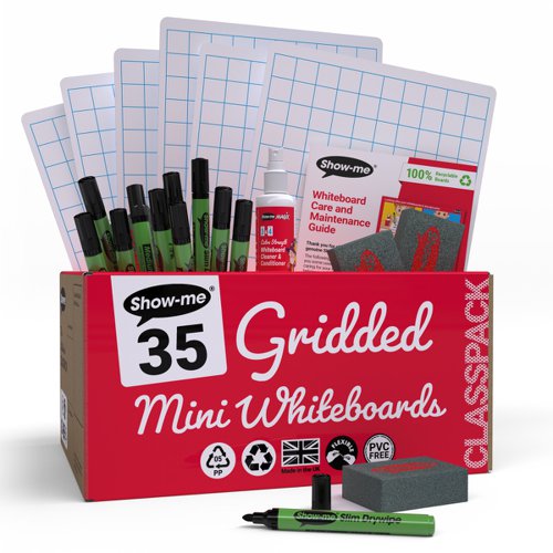 Show-me A4 Gridded Mini Whiteboards, Class Pack, 35 Sets