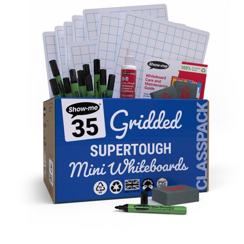 Show-me A4 Supertough Gridded Mini Whiteboards, Class Pack, 35 Sets