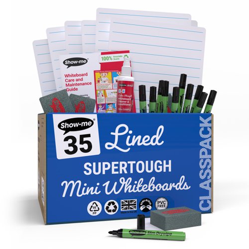 Show-me A4 Supertough Lined Mini Whiteboards, Class Pack, 35 Sets
