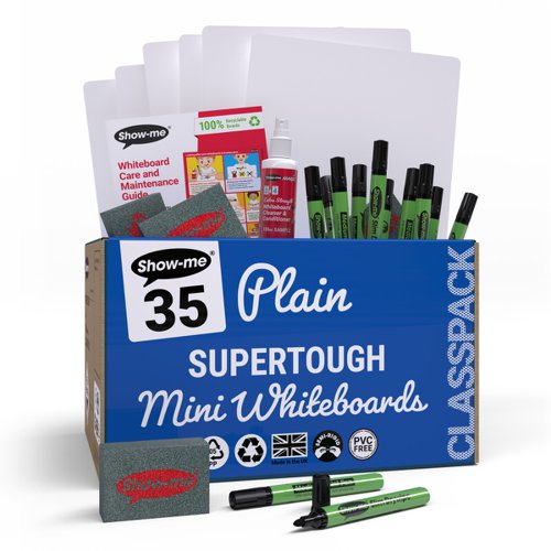 Show-me A4 Supertough Plain Mini Whiteboards, Class Pack, 35 Sets