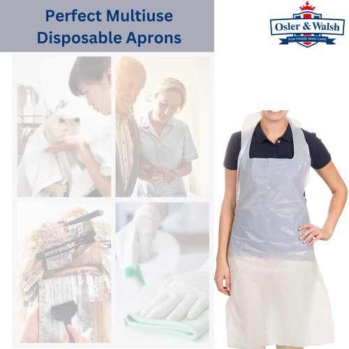 Premium Disposable Aprons: Osler & Walsh presents a pack of 100 premium disposable aprons designed for both men and women.Universal Fit and Versatility: Sized at 700x1170mm, these lightweight polyethene aprons ensure a universal fit and versatility for various applications.NHS-Approved Design: Features a standard sleeveless design, punch-out head hole, and two tie strings, meeting NHS approval standards for reliable use.Effective Coverage: Covering effectively from chest to knees, these aprons accommodate various heights, ensuring comprehensive protection in messy conditions.Durable Construction: Crafted from durable 16-micron polyethene plastic, these white aprons offer strength and tear resistance.Ideal for Multiple Settings: Suitable for healthcare, food preparation, cleaning, and various industries, providing premium quality for comprehensive protection.Convenient Pack of 100: The pack of 100 disposable white aprons is convenient for bulk usage and ensures a steady supply.Premium Quality Assurance: Osler & Walsh delivers premium quality aprons designed for convenience and protection.Flat Packed: The aprons are flat-packed, allowing for easy storage and accessibility. 