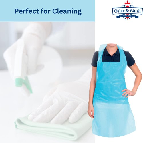 Premium Disposable Blue Aprons: Osler & Walsh offers a pack of 200 premium disposable blue aprons designed for both men and women.Universal Fit and Versatility: Sized at 700x1170mm, these lightweight polyethene aprons ensure a universal fit and versatility.NHS-Approved Design: Features a standard sleeveless design, punch-out head hole, and two tie strings, meeting NHS approval standards.Effective Coverage: Covering effectively from chest to knees, these aprons accommodate various heights for comprehensive protection.Durable Construction: Crafted from durable 16-micron polyethene plastic, providing strength and tear resistance.Ideal for Multiple Settings: Suitable for healthcare, food preparation, cleaning, and various industries, ensuring protection in messy conditions.Convenient Pack of 200: The pack of 200 disposable blue aprons is convenient for bulk usage and ensures a steady supply.Premium Quality Assurance: Osler & Walsh delivers premium quality aprons for reliable and comprehensive protection.Flat Packed: The aprons are flat-packed for easy storage and accessibility.
