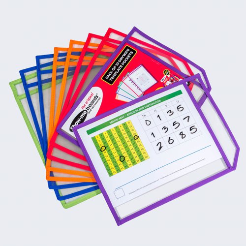 Turn normal paper worksheets into drywipe boards with ease using these drywipe template pockets. Each pocket is suitable for worksheets up to A4 in size, is heavy duty stitched along two sides and opens along the other two, and holds templates tightly in place to avoid slipping.Minimise your paper wastage by using the same worksheets over and over again; saving both budget and time.  Pack contains 10 x drywipe template pockets.