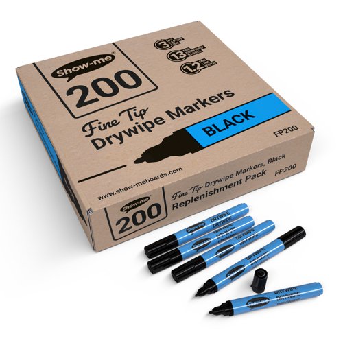 Show-me Box 200 Fine Tip Slim Barrel Drywipe Markers - Black
