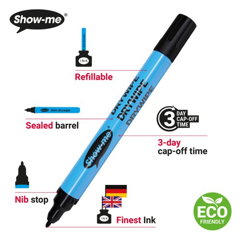 EG60176 | Ideal for classroom and office use, these Show-me Drywipe Markers have been designed with safety in mind. Each pen benefits features a slim barrel, 24-hour cap-off time and extra hard, anti-splay nib. The marker contains low odour, xylene-free ink with a safety air flow cap for safety.