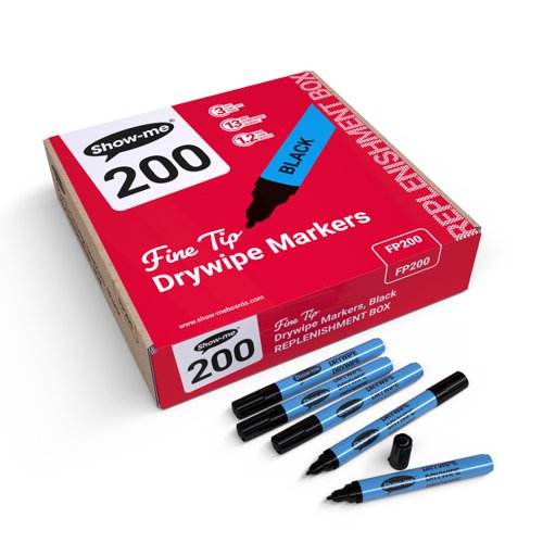 Show-me Drywipe Marker Fine Tip Slim Barrel Black (Pack 200) - FP200