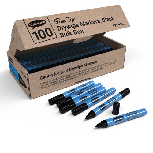 Show-me Box 100 Fine Tip Slim Barrel Drywipe Markers - Black