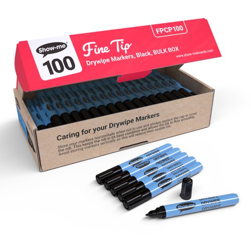 Show-me Box 100 Fine Tip Slim Barrel Drywipe Markers - Black