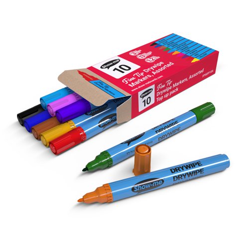 Show-me Drywipe Marker Fine Tip Slim Barrel Assorted Colours (Pack 10) - FPSDP10A