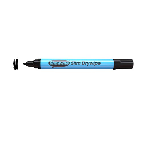 Show-me drywipe markers have been designed specifically for education, and they’re trusted by thousands of schools around the globe. Each pen benefits from: a slim barrel with easy fit lid, an extra-hard nib that will not easily splay out, and nib-stop that prevents the tip from being pushed into the barrel. They're safety optimised with low odour, xylene-free ink, safety airflow caps, and boast a 3-day cap-off time to prevent drying out. Show-me drywipe markers are both refillable and recyclable as part of the Show-me recycling scheme.  This pack contains 12 fine tip drywipe markers in black ink.