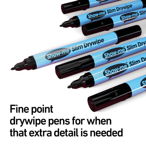 Show-me drywipe markers have been designed specifically for education, and they’re trusted by thousands of schools around the globe. Each pen benefits from: a slim barrel with easy fit lid, an extra-hard nib that will not easily splay out, and nib-stop that prevents the tip from being pushed into the barrel. They're safety optimised with low odour, xylene-free ink, safety airflow caps, and boast a 3-day cap-off time to prevent drying out. Show-me drywipe markers are both refillable and recyclable as part of the Show-me recycling scheme.  This pack contains 12 fine tip drywipe markers in black ink.