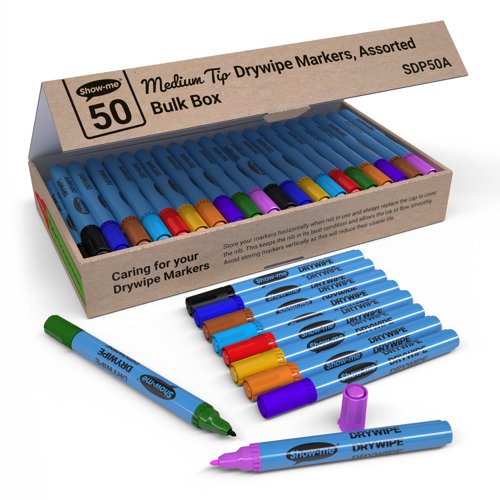 Show-me Box 50 Fine Tip Slim Barrel Drywipe Markers - Assorted Colours