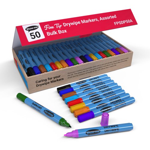 Show-me Box 50 Fine Tip Slim Barrel Drywipe Markers - Assorted Colours