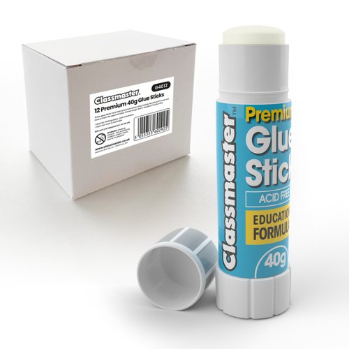 Classmaster's premium glue sticks have been developed specifically for use in schools. The long-lasting PVP educational formula gives these glue sticks a shelf-life 3x longer than those made from standard PVA. The washable formula is non-toxic, acid and solvent-free, making it safe for use in classrooms, offices, and other environments, such as nurseries, playgroups and art and craft workshops  Pack contains 12 x 40g glue sticks.