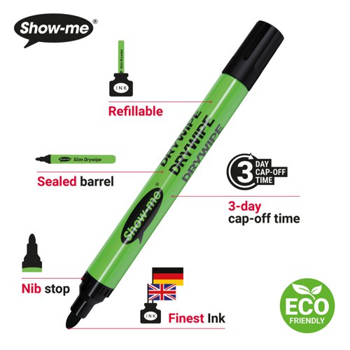 EG60086 | Ideal for classroom use, these Show-me Drywipe Markers feature a slim barrel and an extra hard, anti-splay nib. The markers contain low odour, xylene-free ink, with an air flow cap for safety. These markers also have a cap off time of up to 24 hours. This class pack contains 200 medium tip markers with black ink.
