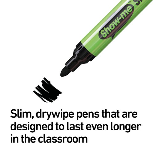 Ideal for classroom use, these Show-me Drywipe Markers feature a slim barrel and an extra hard, anti-splay nib. The markers contain low odour, xylene-free ink, with an air flow cap for safety. These markers also have a cap off time of up to 24 hours. This class pack contains 200 medium tip markers with black ink.