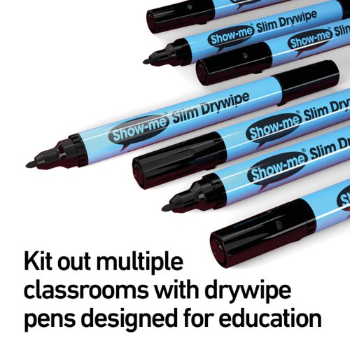 Show-me drywipe markers have been designed specifically for education, and they're trusted by thousands of schools around the globe. Each pen benefits from: a slim barrel with easy fit lid, an extra-hard nib that will not easily splay out, and nib-stop that prevents the tip from being pushed into the barrel. They're safety optimised with low odour, xylene-free ink, safety airflow caps, and boast a 72-hour cap-off time to prevent drying out. Supplied in a classroom tray compatible with most school storage systems, contains 200 fine tip drywipe markers in black ink, 6 mini foam erasers and a 250ml bottle of Magix Cleaner and Conditioner.