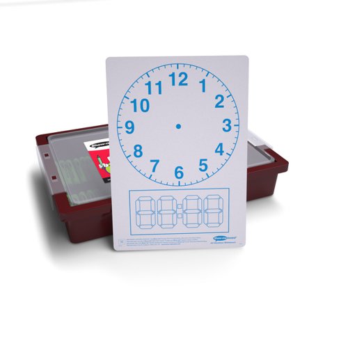 Get to grips with all telling-the-time classroom activities with these clock face Show-me boards. Ideal for quick and easy visual assessment, each board is pre-printed with a clock face and digital readout block on one side with a plain reverse. Show-me boards are made from Polypropylene, making them 100% recyclable. Simply pop into your usual recycling bin or take part in the free Show-me send-back recycling scheme. Made sustainably in the UK with low-energy technology. This Gratnells tray contains 30 each of boards, flashcard whiteboards, markers and erasers, and a whiteboard care and maintenance guide/ poster.