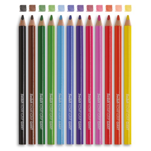 Pack of 144 high-quality, premium giant Komfigrip colouring pencils from Swäsh. Each pencil is a chunky 10mm in diameter, and is ideal for use by children and those with co-ordination challenges. Inside each pencil is break-resistant, easy to blend, extra-thick lead that provides excellent colour laydown. This pack contains 144 pencils in 12 different colours, supplied in a classbox with compartments for each colour – ideal for the classroom.