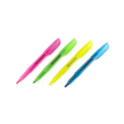 These slim barrelled highlighter pens from Classmaster are ideal for home, office and classroom use. Each highlighter is wedge-tipped for creating thin and thick lines, and benefits from a handy pocket clip on the lid for taking on the go.Wallet contains 4 slim barrel highlighters in yellow, green, pink and blue.