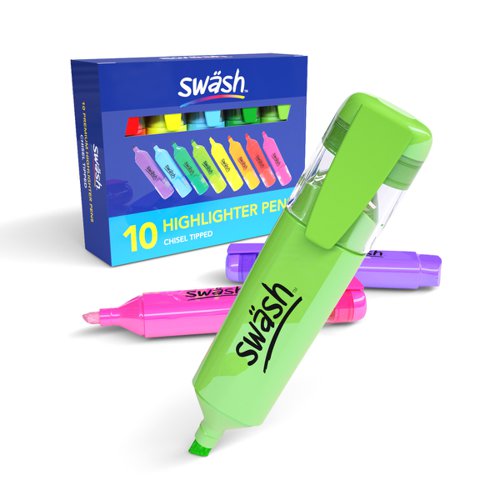This pack of 10 assorted colour Swäsh Premium Highlighters is ideal for the classroom or office, and is great for marking students’ work. Every pen has a wedge tip, perfect for creating both thick and thin lines, and contains water-based ink, so won’t bleed through important documents. The handy pocket clip is ideal for taking between classrooms, offices and meeting rooms.Pack contains highlighters in yellow, green, blue, pink, purple, red and orange.