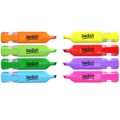 This pack of 48 assorted colour Swäsh Premium Highlighters is ideal for the classroom or office, and is great for marking students’ work. Every pen has a wedge tip, perfect for creating both thick and thin lines, and contains water-based ink, so won’t bleed through important documents. The handy pocket clip is ideal for taking between classrooms, offices and meeting rooms.Pack contains highlighters in yellow, green, blue, pink, red, orange, purple and turquoise.