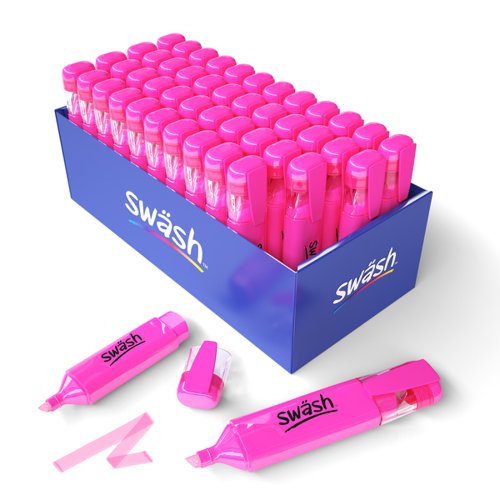 This pack of 48 pink Swäsh Premium Highlighters is ideal for the classroom or office, and is great for marking students’ work. Every pen has a wedge tip, perfect for creating both thick and thin lines, and contains water-based ink, so won’t bleed through important documents. The handy pocket clip is ideal for taking between classrooms, offices and meeting rooms.