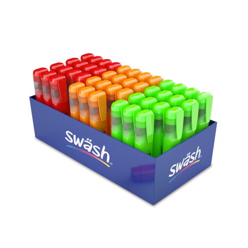 This pack of 48 'traffic light colours' Swäsh Premium Highlighters is ideal for the classroom or office, and is great for marking students’ work. Every pen has a wedge tip, perfect for creating both thick and thin lines, and contains water-based ink, so won’t bleed through important documents. The handy pocket clip is ideal for taking between classrooms, offices and meeting rooms.Pack contains highlighters in red, orange, and green.
