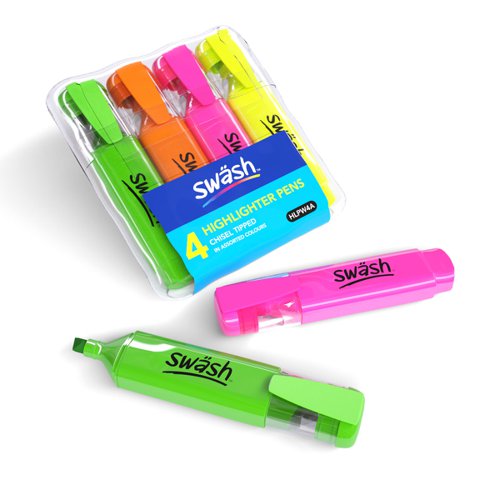 This pack of 4 assorted colour Swäsh Premium Highlighters is ideal for the classroom or office, and is great for marking students’ work. Every pen has a wedge tip, perfect for creating both thick and thin lines, and contains water-based ink, so won’t bleed through important documents. The handy pocket clip is ideal for taking between classrooms, offices and meeting rooms.Pack contains highlighters in yellow, green, pink, and orange.