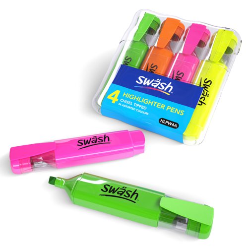 This pack of 4 assorted colour Swäsh Premium Highlighters is ideal for the classroom or office, and is great for marking students’ work. Every pen has a wedge tip, perfect for creating both thick and thin lines, and contains water-based ink, so won’t bleed through important documents. The handy pocket clip is ideal for taking between classrooms, offices and meeting rooms.Pack contains highlighters in yellow, green, pink, and orange.