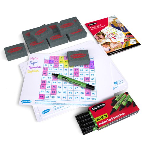 Find patterns, investigate numbers and develop mathematical skills with these hundred square Show-me boards. Ideal for quick and easy visual assessment, each board is pre-printed with a populated hundred square on one side and a blank hundred square on the reverse. Show-me boards are made from Polypropylene, making them 100% recyclable. Simply pop into your usual recycling bin or take part in the free Show-me send-back recycling scheme. Made sustainably in the UK with low-energy technology. Small pack contains 10 each of boards, markers, and erasers, and a whiteboard care and maintenance guide/ poster.