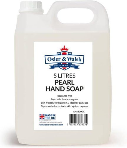 5L Refill Jerry Can: Convenient for extended use, minimizing refills.Gentle Yet Effective: Pearl Hand Soap balances gentleness and efficacy.Rich Lather, Mild Fragrance: Creates a luxurious lather with a pleasant scent.Hydrating and Restoring: Maintains skin hydration and restores natural balance.Cruelty-Free: Osler & Walsh is committed to ethical product development.Biodegradable Hand Wash: Environmentally friendly, sourced from plant extracts.Suitable for Various Settings: Ideal for healthcare, home, or office environments.Chemical-Free: Free from Paraben, Triclosan, Phosphate, or Phosphonate.Natural and Sustainable Technology: Prioritizes sustainability in manufacturing.Minimal Aquatic Toxicity: Has minimal impact on aquatic ecosystems. 