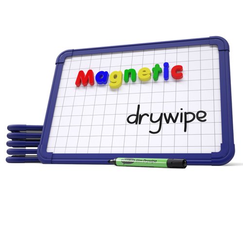 High-quality Show-me gridded magnetic drywipe boards. Each board features a gridline pattern on one side with a plain reverse. Both sides are magnetic and drywipe, with a steel writing surface that won't leave ghosting. The blue frame gives extra strength and longevity, ideal for use taking learning out of the classroom.  Pack contains 6 x gridded/plain magnetic whiteboards, approx. 350 x 250mm in size.