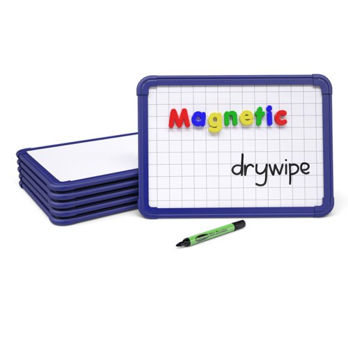 High-quality Show-me gridded magnetic drywipe boards. Each board features a gridline pattern on one side with a plain reverse. Both sides are magnetic and drywipe, with a steel writing surface that won't leave ghosting. The blue frame gives extra strength and longevity, ideal for use taking learning out of the classroom.  Pack contains 6 x gridded/plain magnetic whiteboards, approx. 350 x 250mm in size.