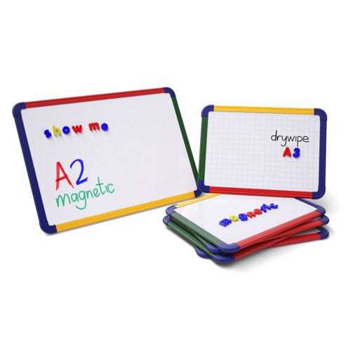 High-quality A2 Show-me gridded magnetic drywipe board. Features a gridline pattern on one side with a plain reverse. Both sides are magnetic and drywipe, with a steel writing surface that won't leave ghosting. The multi-coloured frame gives extra strength and longevity, ideal for group work and taking learning out of the classroom. Pack contains 1 x A2 gridded/plain magnetic drywipe board.