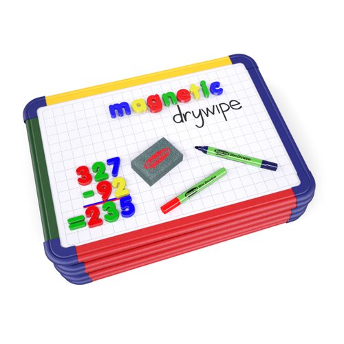 These fun, rainbow framed A3 whiteboards have a magnetic drywipe surface on both sides, ideal for classroom activities and play. One side is plain and the other is gridded for practicing handwriting, mathematics and more. Ideal for portable use when away from the desk, this pack contains 5 boards.