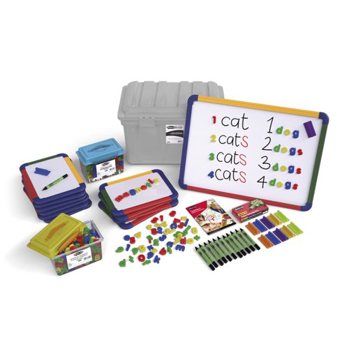 Teacher and pupil pack of magnets and magnetic boards from Show-me. Ideal for Primary School or Early Years classrooms, and presented in a multi-coloured storage trunk.Trunk includes: 10 x A4 magnetic drywipe boards, 1 x A3 magnetic drywipe board, 12 x medium tip drywipe markers, 12 x magnetic mini erasers, 286 x colourful letter magnets and 286 x vibrant number and symbol magnets.Every set also comes with a whiteboard care and maintenance guide/ poster.