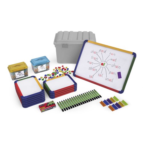 Teacher and pupil pack of magnets and magnetic boards from Show-me. Ideal for Primary School or Early Years classrooms, and presented in a multi-coloured storage trunk.Trunk includes: 10 x A4 magnetic drywipe boards, 1 x A3 magnetic drywipe board, 12 x medium tip drywipe markers, 12 x magnetic mini erasers, 286 x colourful letter magnets and 286 x vibrant number and symbol magnets.Every set also comes with a whiteboard care and maintenance guide/ poster.