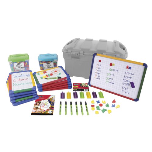 Teacher and pupil pack of magnets and magnetic boards from Show-me. Ideal for Primary School or Early Years classrooms, and presented in a multi-coloured storage trunk.Trunk includes: 10 x A4 magnetic drywipe boards, 1 x A3 magnetic drywipe board, 12 x medium tip drywipe markers, 12 x magnetic mini erasers, and 572 x colourful magnetic lowercase letters.Every set also comes with a whiteboard care and maintenance guide/ poster.