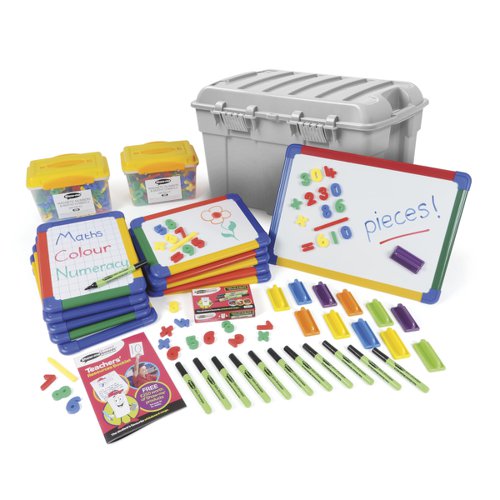 Teacher and pupil pack of magnets and magnetic boards from Show-me. Ideal for Primary School or Early Years classrooms, and presented in a multi-coloured storage trunk.Trunk includes: 10 x A4 magnetic drywipe boards, 1 x A3 magnetic drywipe board, 12 x medium tip drywipe markers, 12 x magnetic mini erasers, and 572 x colourful magnetic numbers and maths symbols.Every set also comes with a whiteboard care and maintenance guide/ poster.