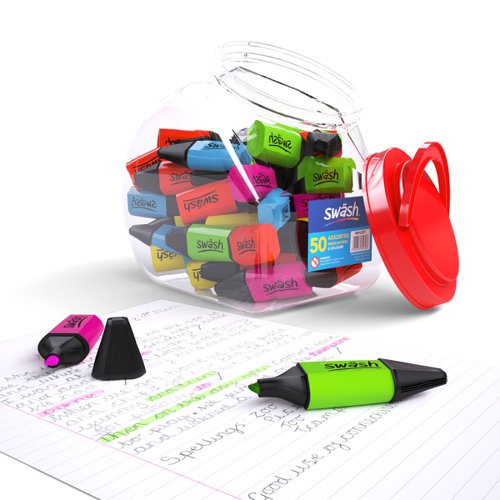 This superb value pack of 50 mini highlighters comes presented in a handy tub with a screw-top lid – perfect for popping on the classroom shelf. The highlighter pens come in 5 different, vibrant colours and all of them have wedge tips, making the creation of thick and thin lines a breeze. You needn’t worry about bleed-through either with our water-based, bleed-resistant ink. Use these highlighters for sharing around pencil cases, for everyday use, or for giving away as gifts or prizes in the classroom.
