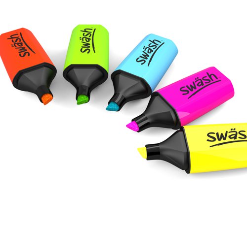 Swäsh Mini Highlighters, 5 Assorted Colours, Tub of 50