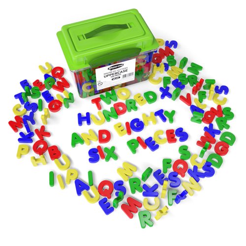 Tub of Show-me magnetic uppercase letters, ideal for helping young minds learn to spell and recognise new words in individual, group and class activities. Contains 11 each of the letters a - z in assorted vibrant colours, at approx. 35mm tall.Supplied in a handy tub with carry handle to keep classrooms tidy and organised.