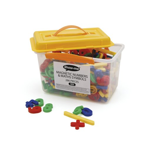 Tub of Show-me magnetic numbers and maths symbols, ideal for identifying numbers and key maths symbols, and performing key mathematical operations, in individual, group and class activities. Contains 22 each of numbers 0 - 9, and 11 each of the 6 maths symbols, in assorted vibrant colours, at approx. 35mm tall.Supplied in a handy tub with carry handle to keep classrooms tidy and organised.